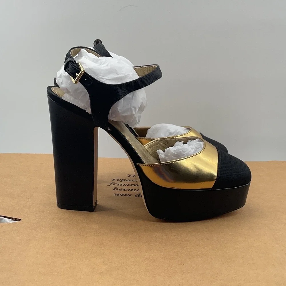 Michael Kors Bennett Gold Black Platform Block Heel Sandals Womens 6M Resort 19